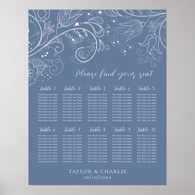 Poster Gráfico de Sentados do Casamento Floral Dusty Blue (Frente)