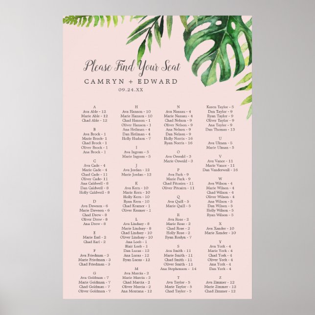 Poster Gráfico de Sentos Alfabéticos com Blush Palm (Frente)
