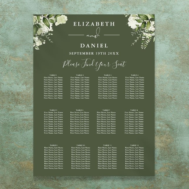 Poster Gráfico de Sentos de Casamento Verde Verde Floral (Olive Green Floral Greenery Wedding Seating Chart)