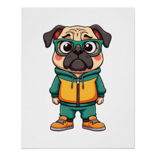 Pôster Gráfico de Streetwear de Cartoon de Pug Hipster Vi