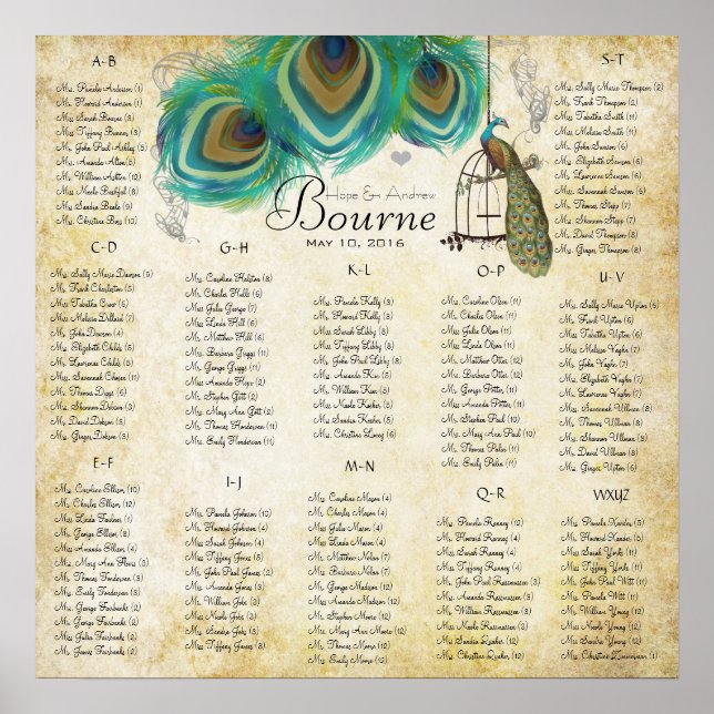 Pôster Gráfico Dourado de Acoplamento de Aves Alfabético (Frente)