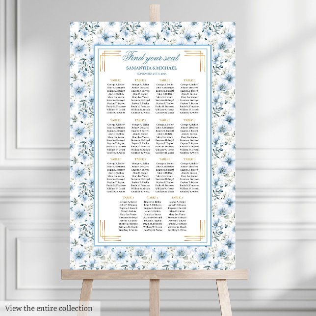 Poster Gráfico Dourado de Assentos Azul com Cor de Água D (Dazzling Watercolor Dusty Blue Gold Seating Chart

)