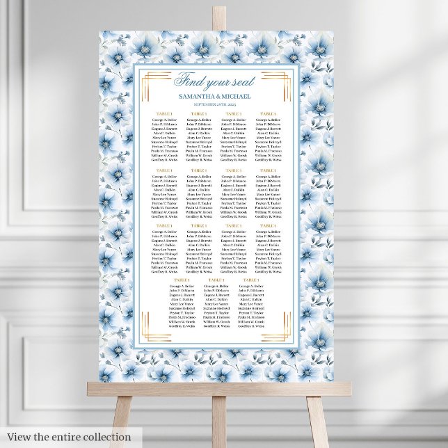 Poster Gráfico Dourado de Assentos de Pastel Azul (Luxury Watercolor Pastel Blue Gold Seating Chart)