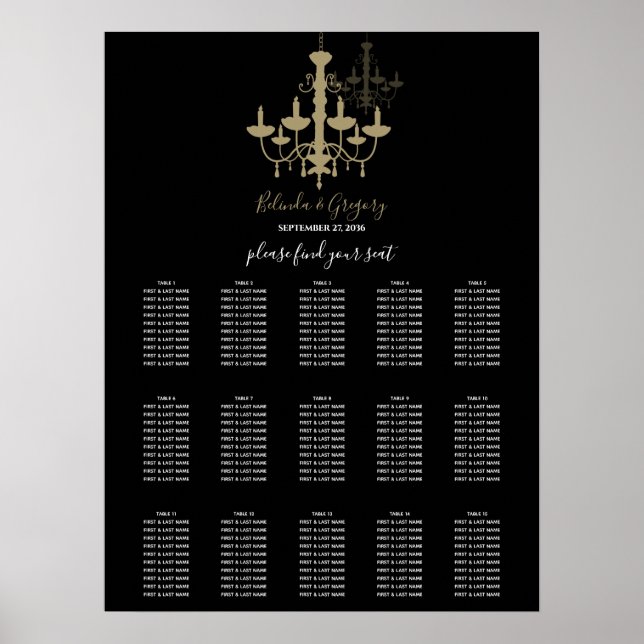 Poster Gráfico Dourado de Casamento de Chandelier Preto (Frente)