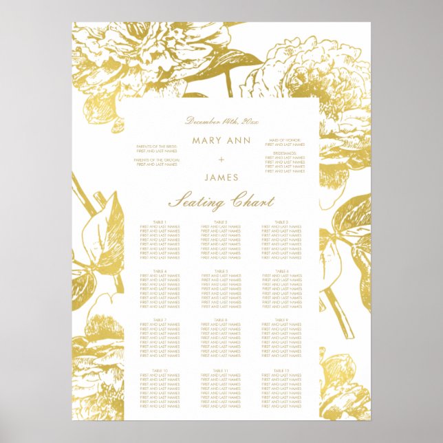 Poster Gráfico Dourado de Casamento Floral Elegante (Frente)