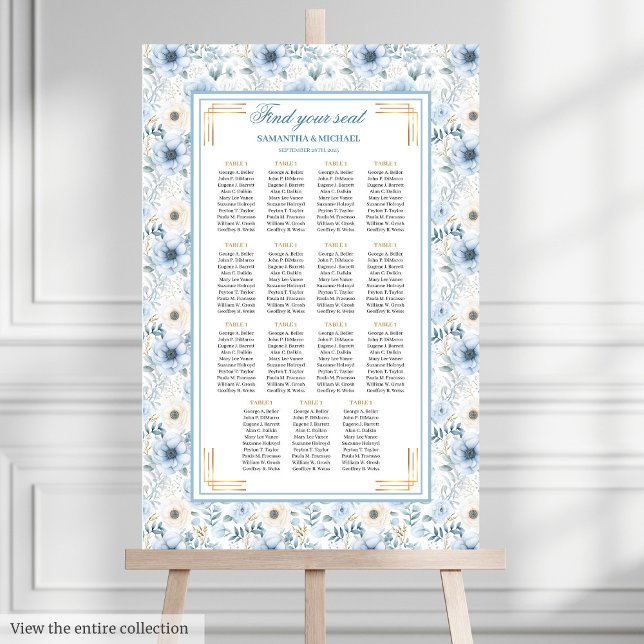 Poster Gráfico Dourado de Luxúria Cor de Água Azul Claro (Luxury Watercolor Light Blue Gold Seating Chart)
