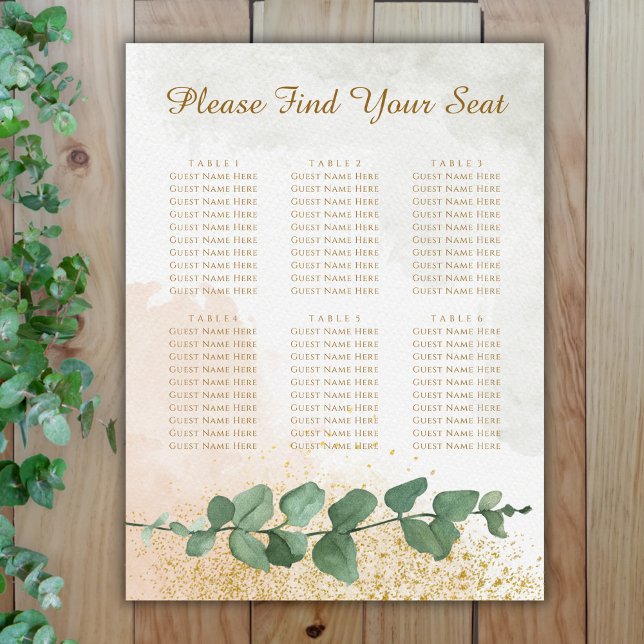 Poster Gráfico Dourado e Verde de Casamento Elegante (Elegant Green & Gold Photo Wedding Seating Chart (6 Tables))