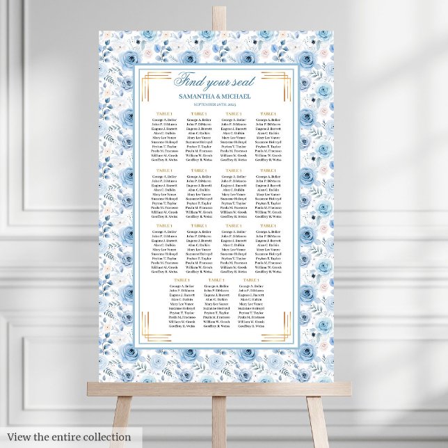 Poster Gráfico Dourado Elegante Azul (Elegant Light Blue Gold Vintage Seating Chart)