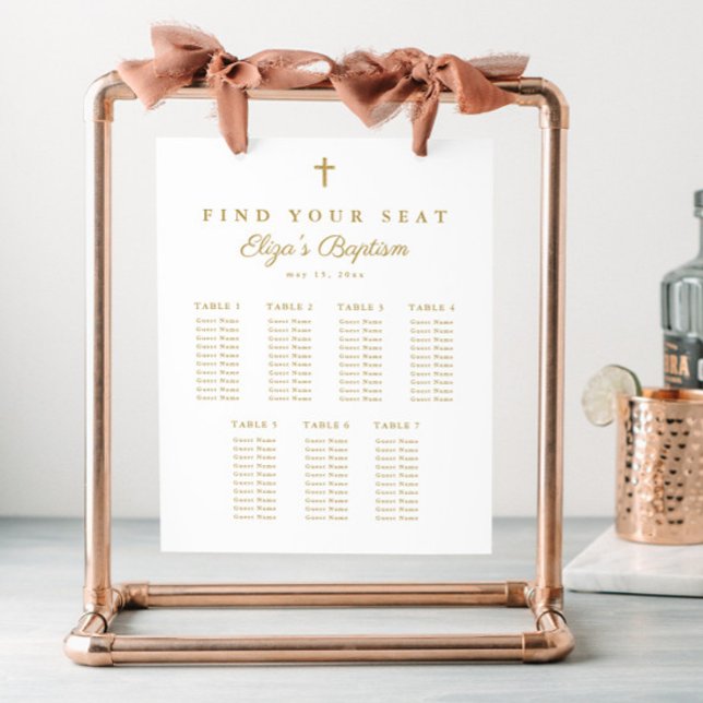 Poster Gráfico Dourado Elegante de Batismo Cruzado (Simple gold glitter cross baptism seating chart.)
