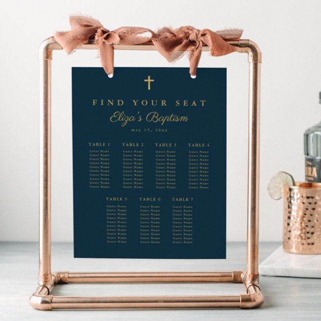 Poster Gráfico Dourado Elegante de Batismo Cruzado (Simple gold cross baptism seating chart sign.)