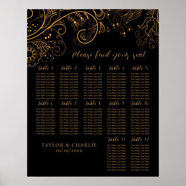 Poster Gráfico Dourado Floral 12 Mesas (Frente)