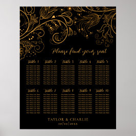 Poster Gráfico Dourado Floral de Casamento Preto 10 Mesas