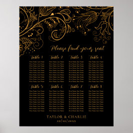 Poster Gráfico Dourado Floral de Casamento Preto 8 Mesas