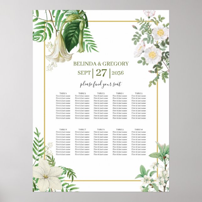 Poster Gráfico Dourado Floral Verde Branco (Frente)