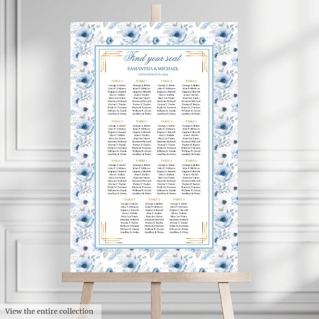 Poster Gráfico Dourado Glitter Seating Boho Azul Clássico (Classic Dusty Blue Boho Gold Glitter Seating Chart)