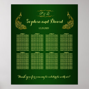 Pôster Gráfico Dourado Real de Casamento de Peacock Verde
