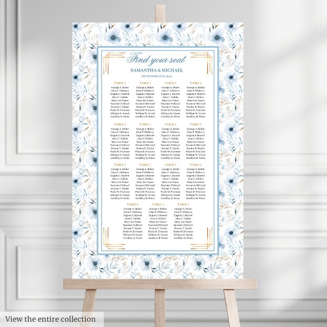 Poster Gráfico Dourado Românico de Pastel Azul (Romantic Watercolor Pastel Blue Gold Seating Chart)