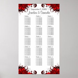 Pôster Gráfico Floral 15 Mesas de Casamento Vermelho e Br