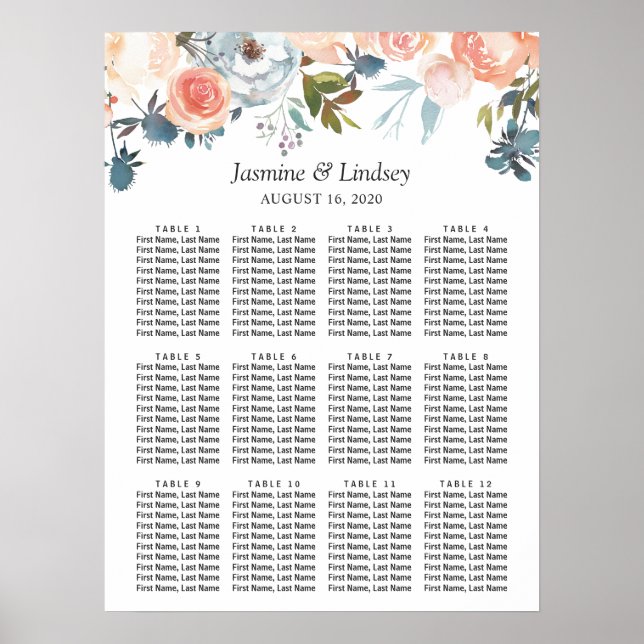Poster Gráfico Floral de Casamento de Peach Watercolor (Frente)