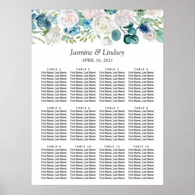 Poster Gráfico Floral de Casamento Floral Branco Verde Az (Frente)