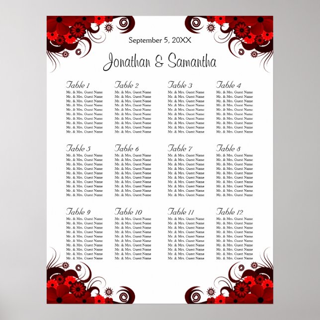 Poster Gráfico Floral Vermelho e Branco 12 Mesas de Casam (Frente)