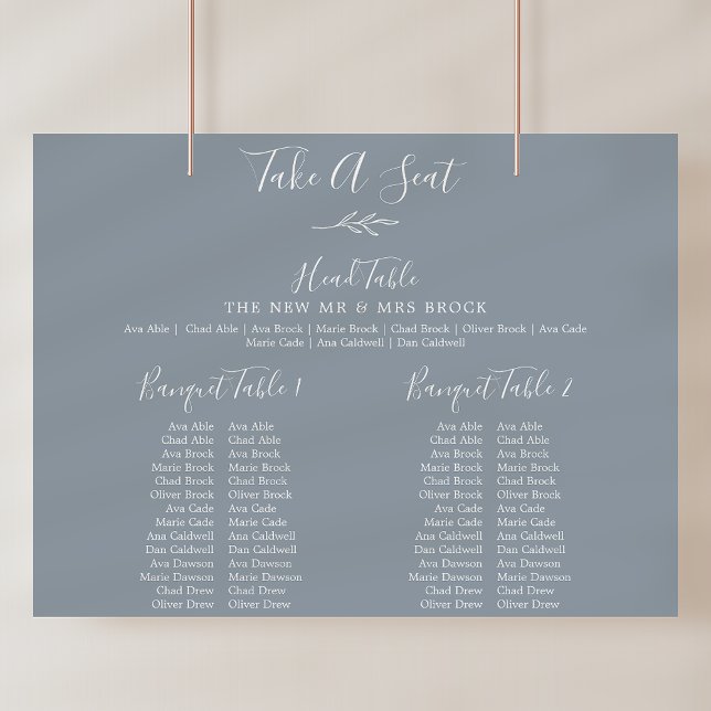 Poster Gráfico mínimo de Casamentos de Banquete Azul Folh (Minimal Leaf Blue Banquet Wedding Seating Chart)