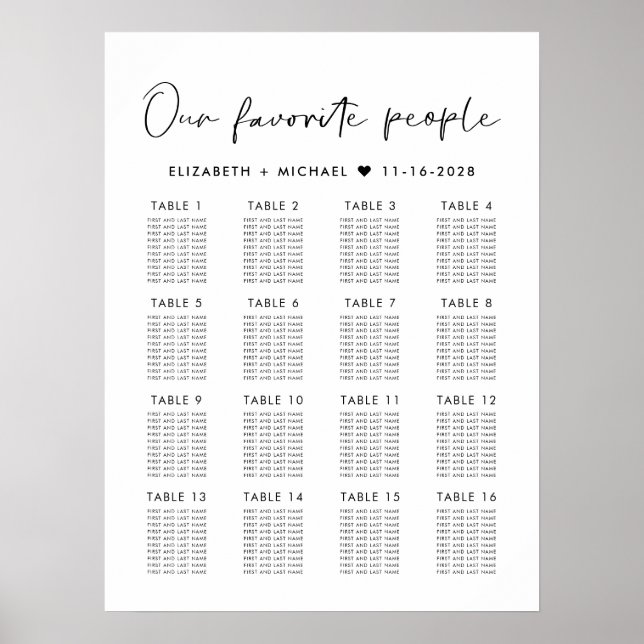 Poster Gráfico moderno de 16 Casamentos de Mesas (Frente)