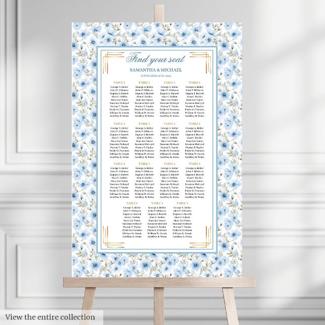 Poster Gráfico na moda Pastel Azul, Dourado, com Cores Aq (Stylish Pastel Blue Gold Watercolor Seating Chart)