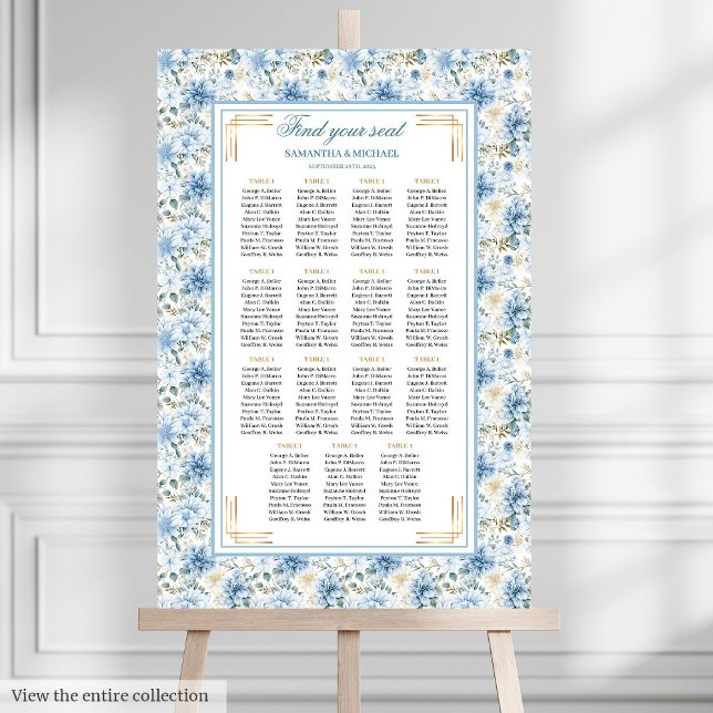 Poster Gráfico Românico de Seque Azul Dourado (Romantic Dusty Blue Gold Boho Seating Chart)