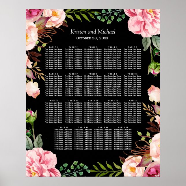 Pôster Gráfico Romântico Floral 19 Mesas (Frente)
