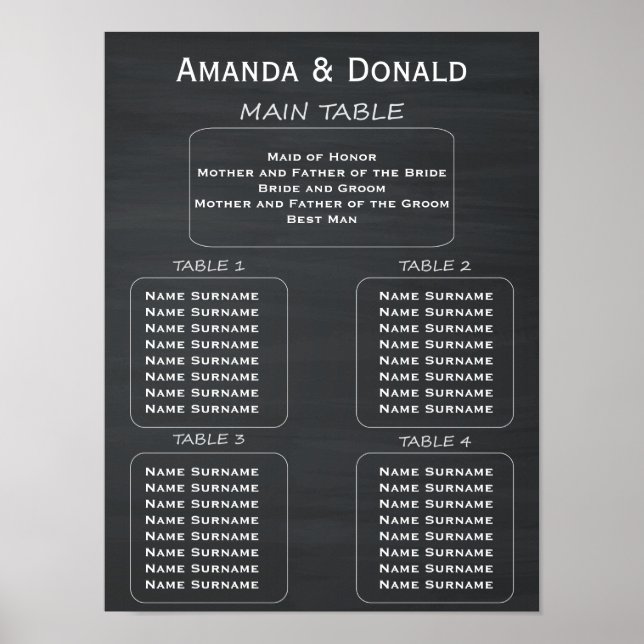 Poster Gráfico Rustic Chalkboard Wedding 32 Guest Seating (Frente)