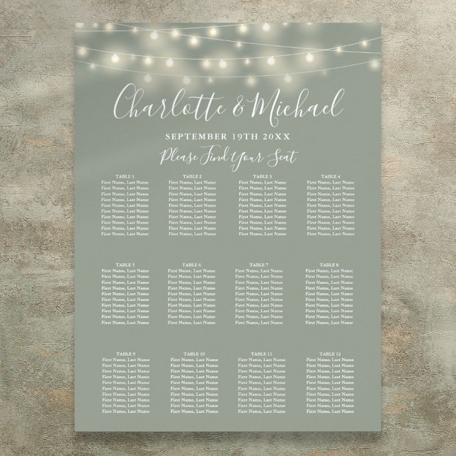 Poster Gráfico Sage Green String Lights Wedating Seating (Sage Green String Lights Wedding Seating Chart)