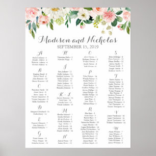 Poster Gráfico Sentado Alfabético da Flor Rosa e Branca