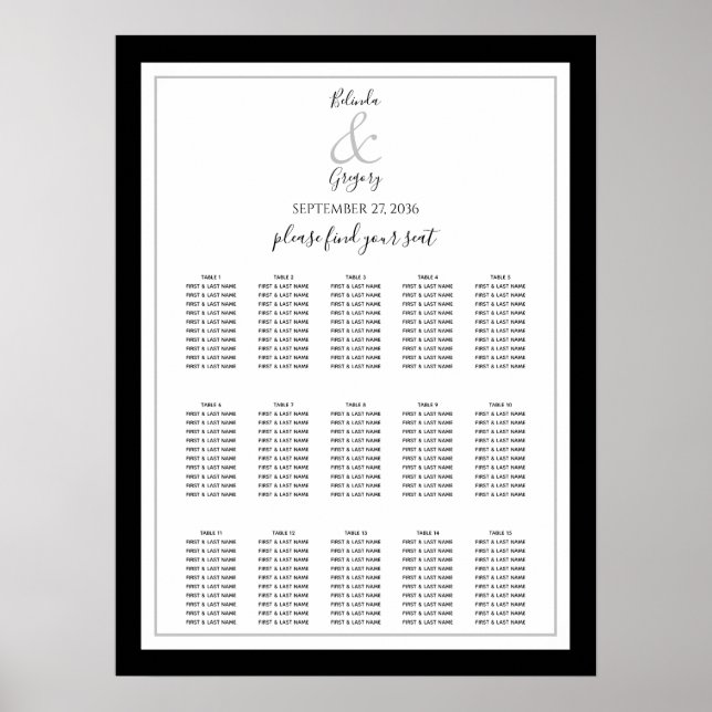 Poster Gráfico Sentado de Casamento Branco Negro Monogram (Frente)