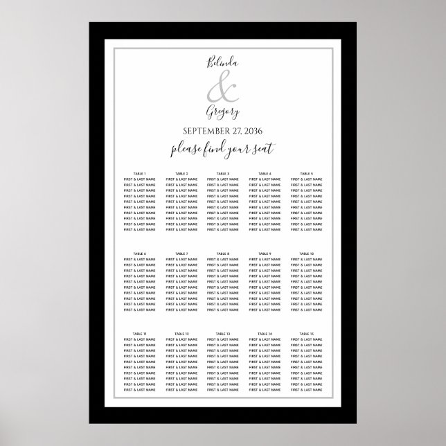Poster Gráfico Sentado de Casamento Branco Negro Monogram (Frente)