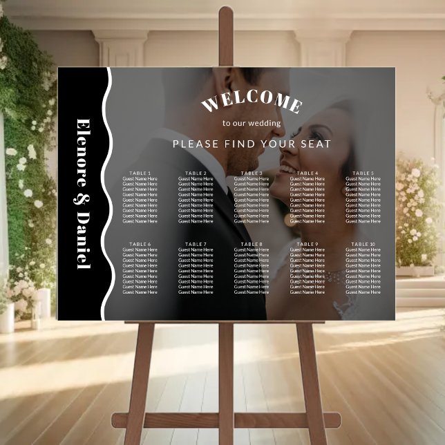 Poster Gráfico Sentado de Casamento de Foto Branco Preto  (Side Wave Black White Photo Wedding Seating Chart)