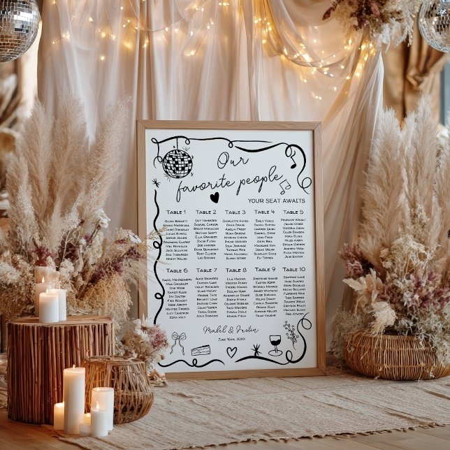 Poster Gráfico Sentado de Casamento Preto e Quadrado (Quirky whimsical black Wedding Seating Chart)