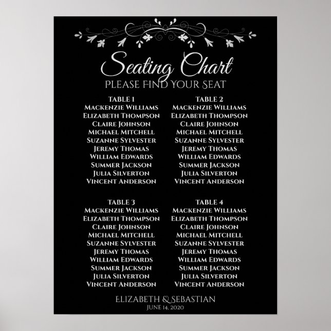 Poster Gráfico Simples Elegante Preto 4 Mesa Casamento Se (Frente)