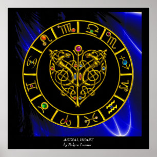 Pôster GRÁFICO ZODIÁTICO Dourado,CORAÇÃO ASTRAL,NÓS CELTI