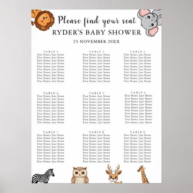 Poster Gráficos de Assentos para Chá de Bebê de Animais d (Frente)