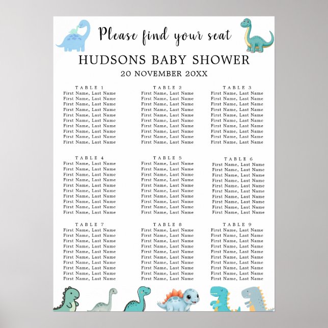 Poster Gráficos de Assentos para Chá de Bebê de Dinossaur (Frente)