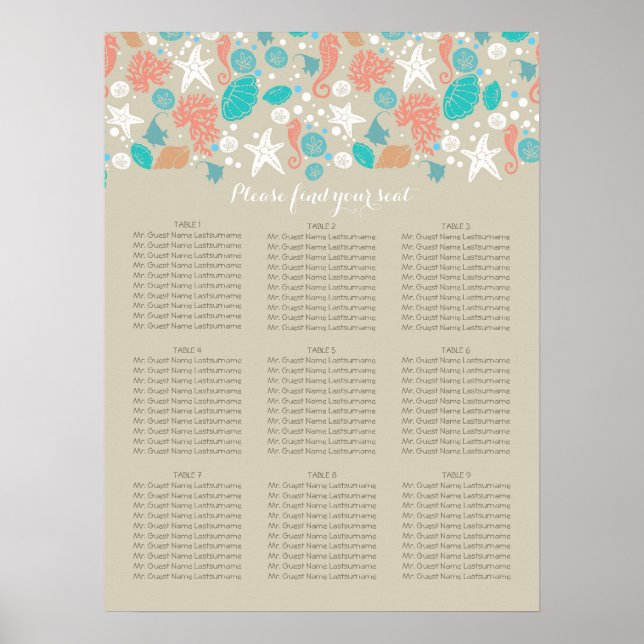 Poster Gráficos de Casamento no Mar Costeiro de Praia (Frente)