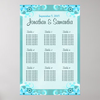 Pôster Gráficos de Mesa de Casamento Floral Azul Aqua