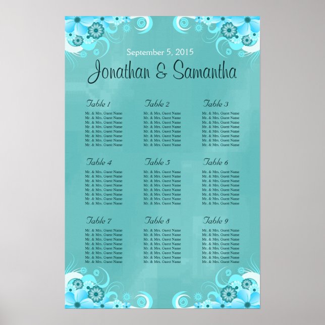 Pôster Gráficos de Mesa de Casamento Floral de Teal Azul  (Frente)