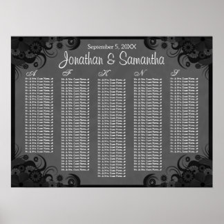 Pôster Gráficos de Mesa Floral de Casamento Negro e Cinza