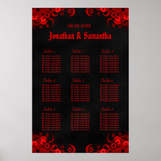 Pôster Gráficos de Mesas de Casamento Black & Red Floral