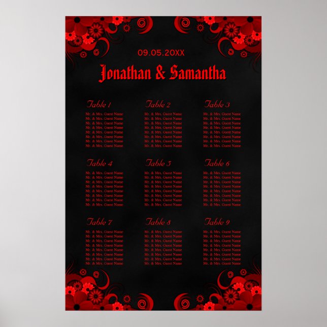 Pôster Gráficos de Mesas de Casamento Black & Red Floral  (Frente)