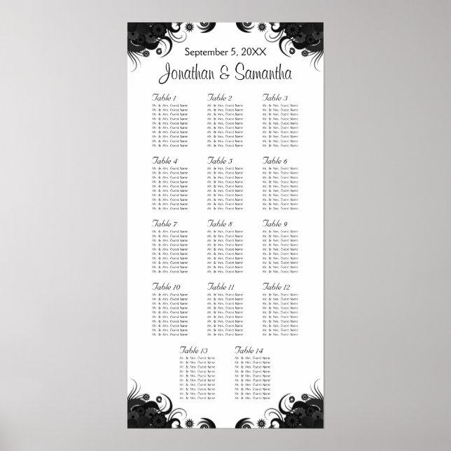 Poster Gráficos de Mesas de Casamento Preto e Branco 14 (Frente)