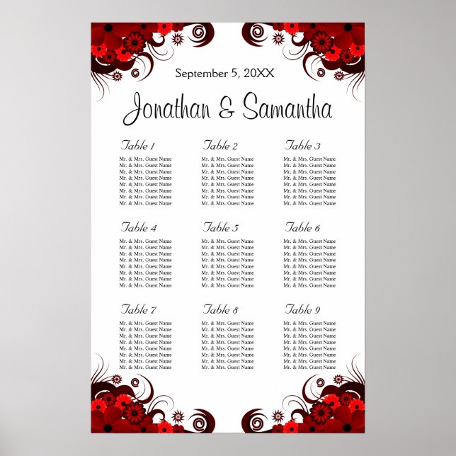 Poster Gráficos de Mesas de Casamento Red & White Floral  (Frente)