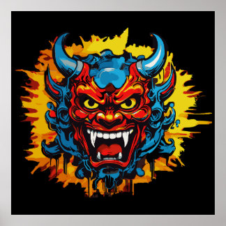Poster Grafite Oni Mask Illustration Bold e Arte Única
